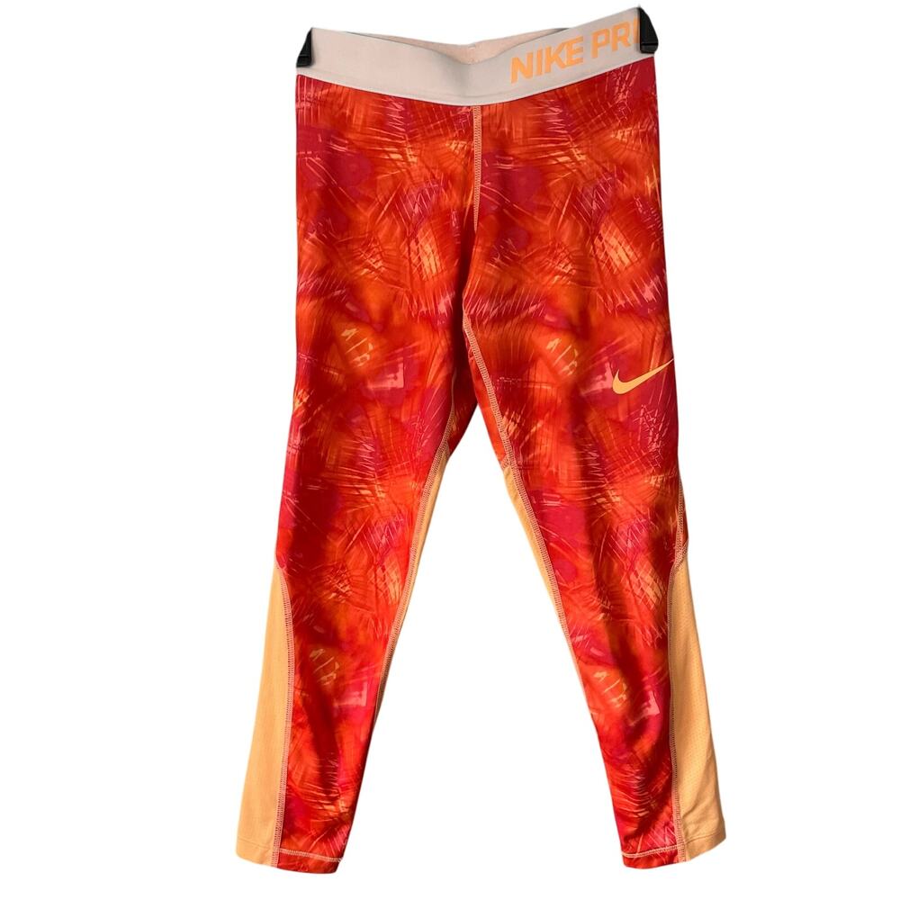 Nike Pro Orange Leggings S Girls Crop Activewear Printed Logo Mesh Panel